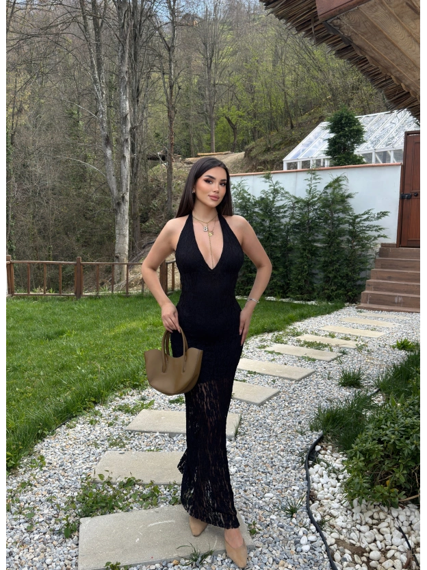 Siyah Boyundan Bağlamalı Çan Dantel Elbise