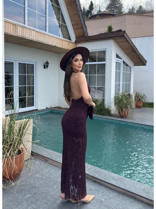 Mürdüm Boyundan Bağlamalı Çan Dantel Elbise