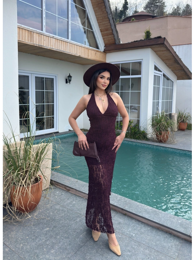 Mürdüm Boyundan Bağlamalı Çan Dantel Elbise