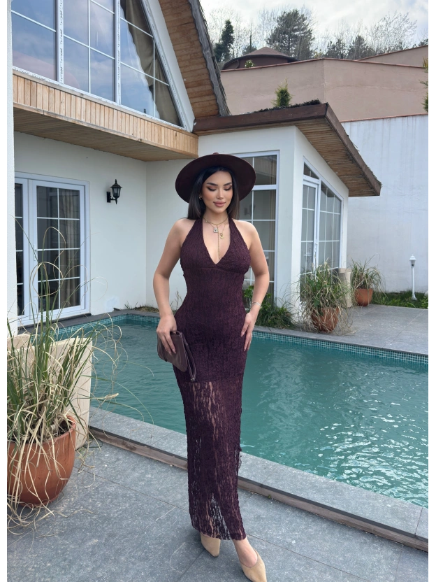 Mürdüm Boyundan Bağlamalı Çan Dantel Elbise