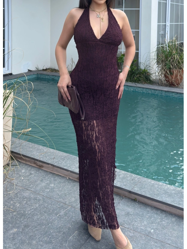 Mürdüm Boyundan Bağlamalı Çan Dantel Elbise