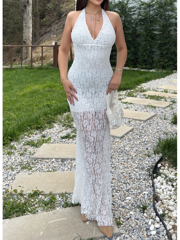 Beyaz Boyundan Bağlamalı Çan Dantel Elbise