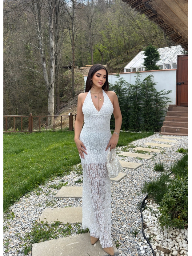 Beyaz Boyundan Bağlamalı Çan Dantel Elbise
