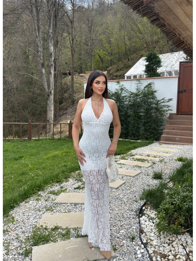 Beyaz Boyundan Bağlamalı Çan Dantel Elbise