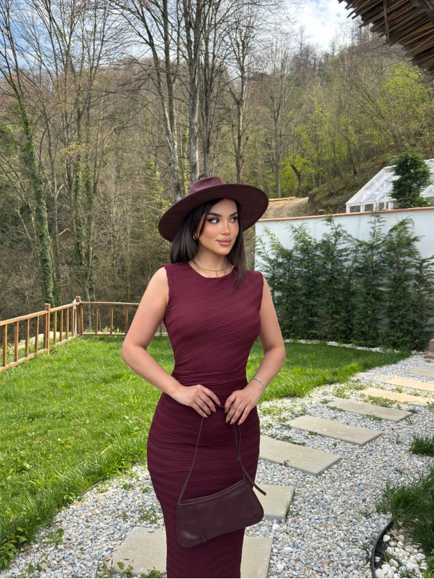Bordo Astarlı Drapeli Basic Elbise