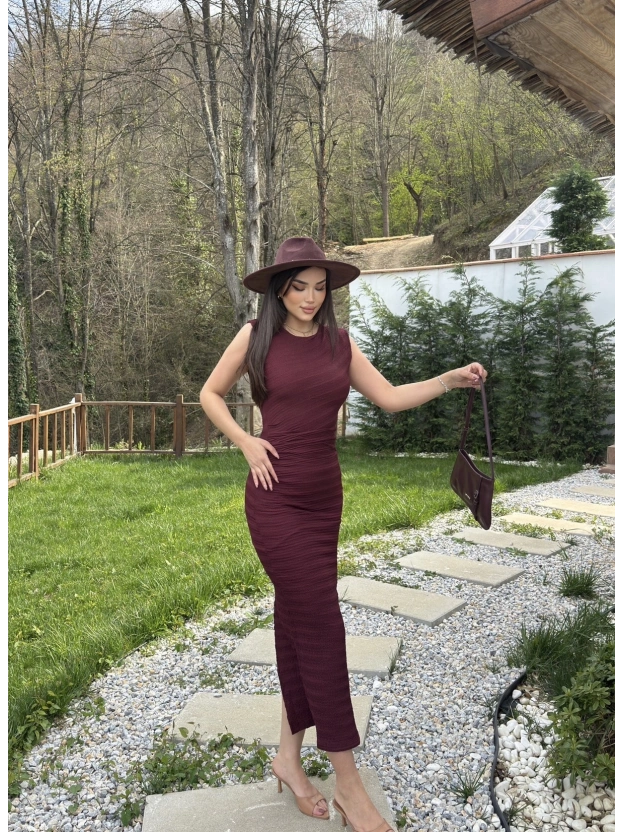 Bordo Astarlı Drapeli Basic Elbise