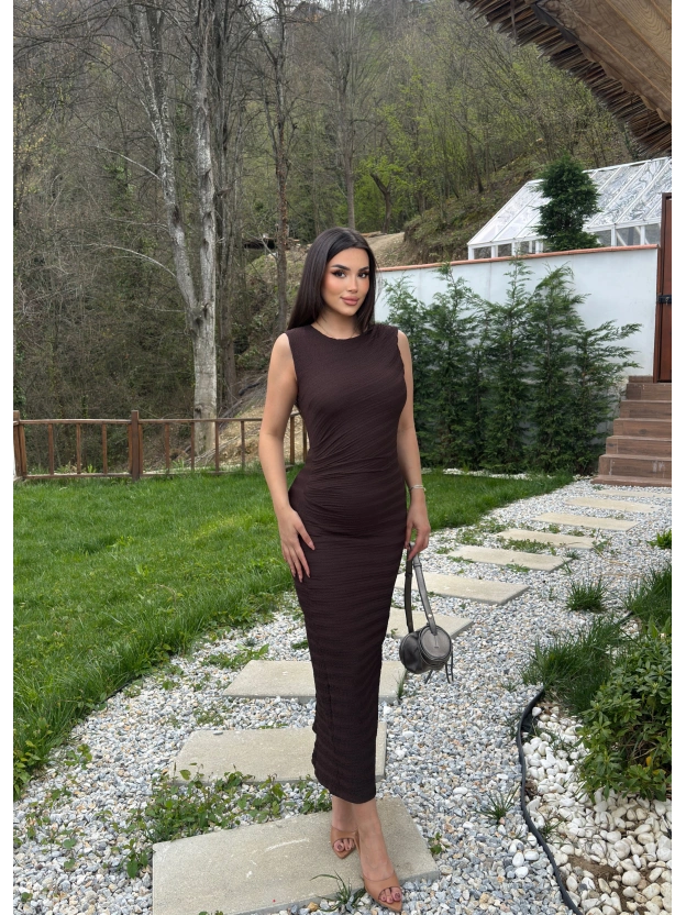 Kahverengi Astarlı Drapeli Basic Elbise