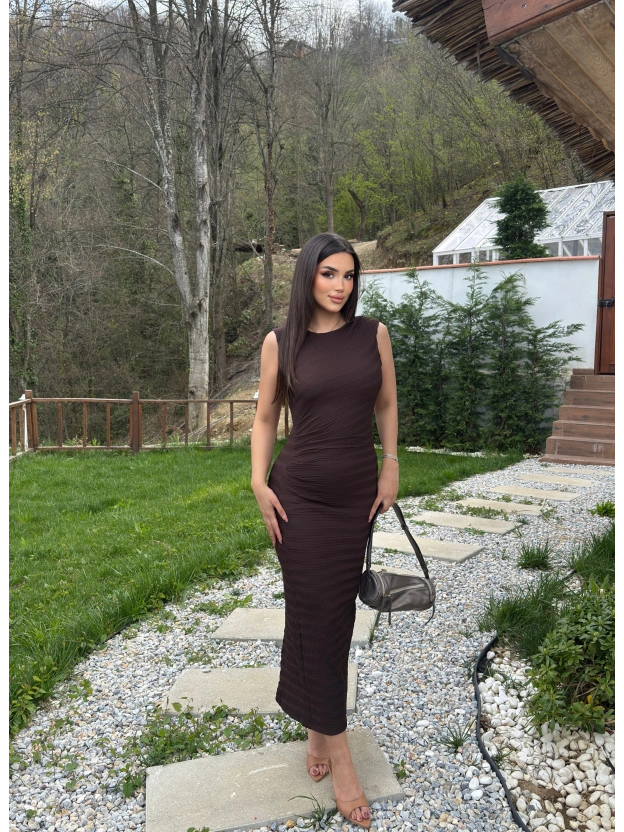 Kahverengi Astarlı Drapeli Basic Elbise