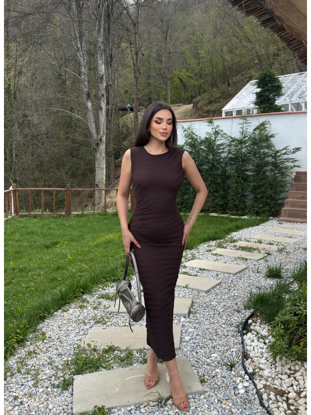 Kahverengi Astarlı Drapeli Basic Elbise