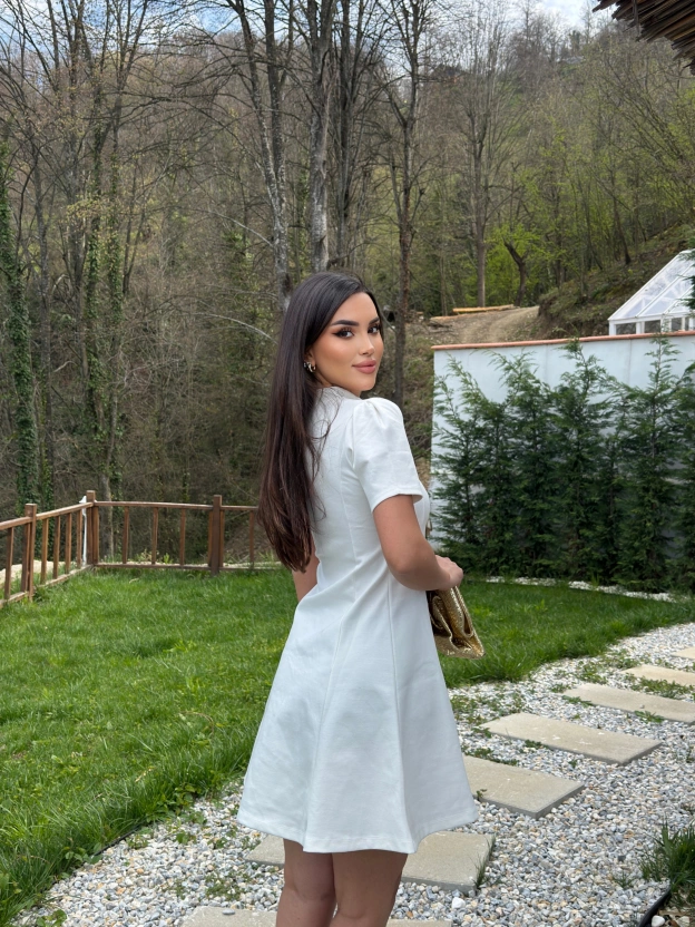 Beyaz Çelik Kumaş Gold Düğmeli Elbise