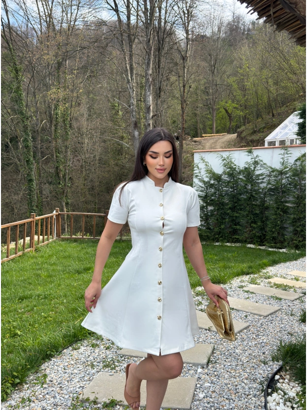 Beyaz Çelik Kumaş Gold Düğmeli Elbise