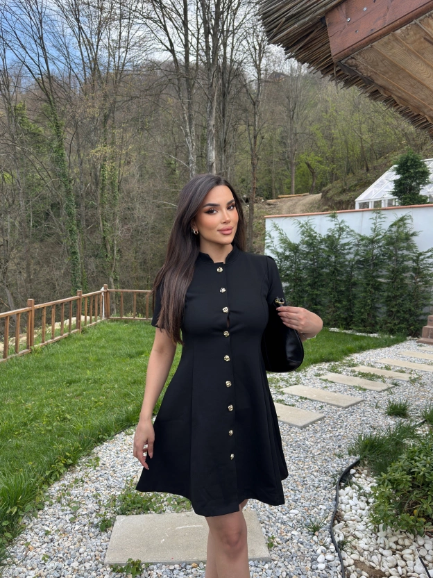 Siyah Çelik Kumaş Gold Düğmeli Elbise