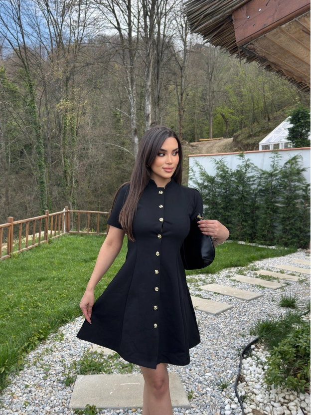 Siyah Çelik Kumaş Gold Düğmeli Elbise