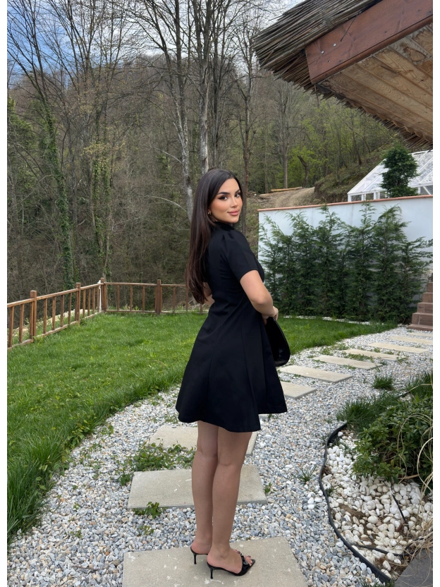 Siyah Çelik Kumaş Gold Düğmeli Elbise