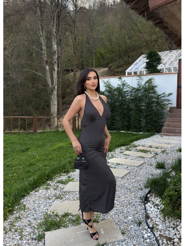 Siyah Boyundan Bağlamalı Puantiyeli Uzun Elbise