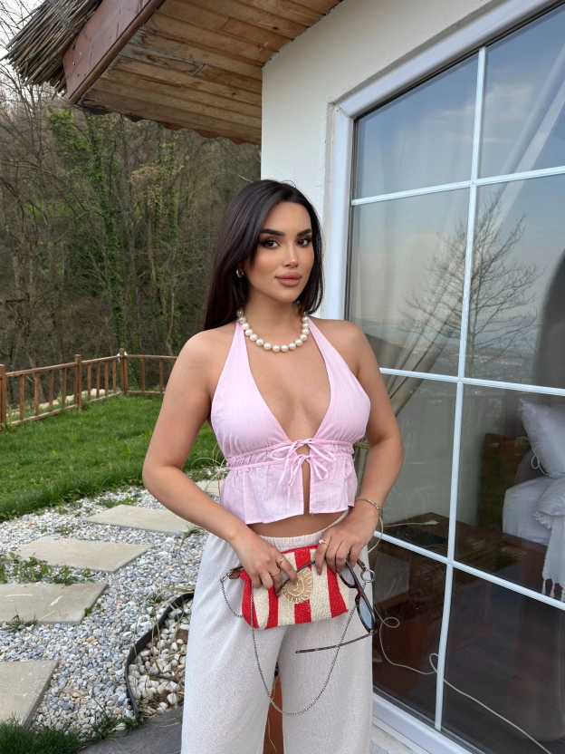 Pembe Keten Tasarım Fiyonk Bluz