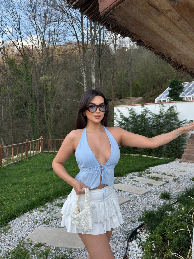 Mavi Keten Tasarım Fiyonk Bluz