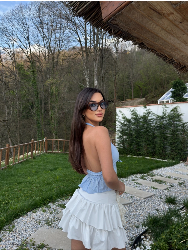 Mavi Keten Tasarım Fiyonk Bluz