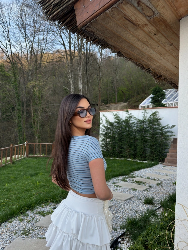Mavi Çizgili Kısa Kol Crop Top