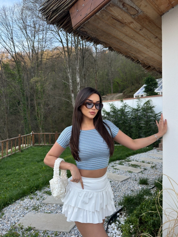 Mavi Çizgili Kısa Kol Crop Top