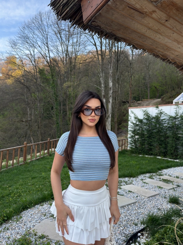 Mavi Çizgili Kısa Kol Crop Top