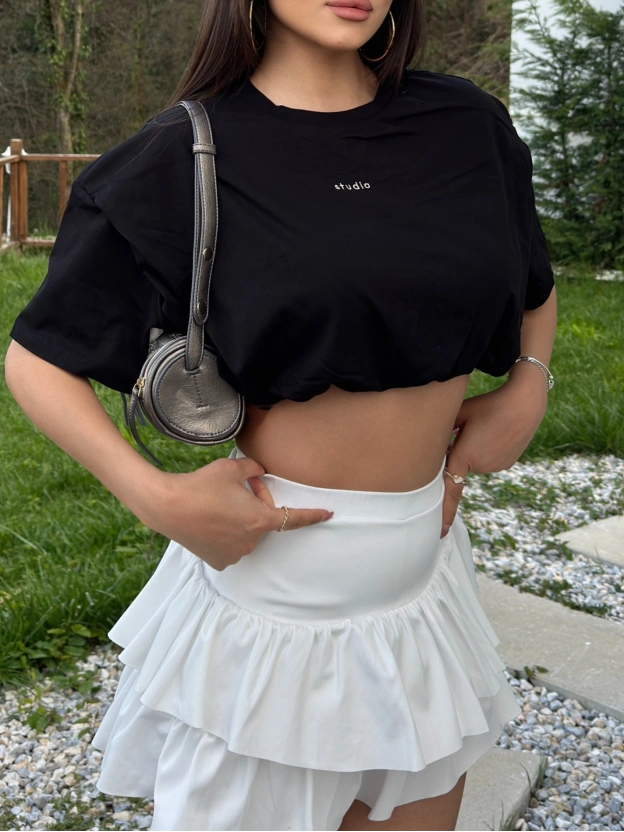 Siyah Nakışlı Balon Crop Top