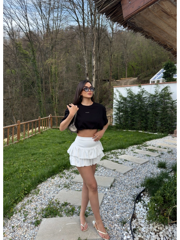 Siyah Nakışlı Balon Crop Top