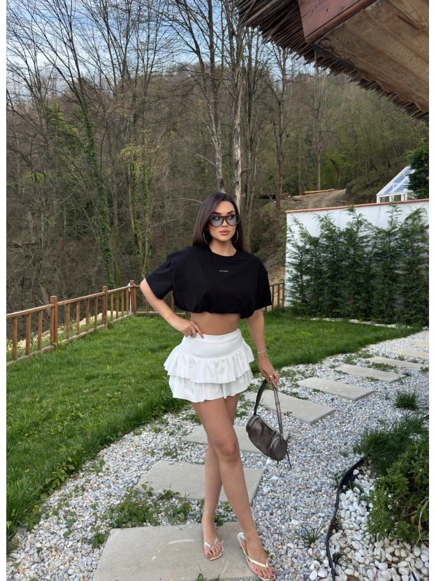 Siyah Nakışlı Balon Crop Top