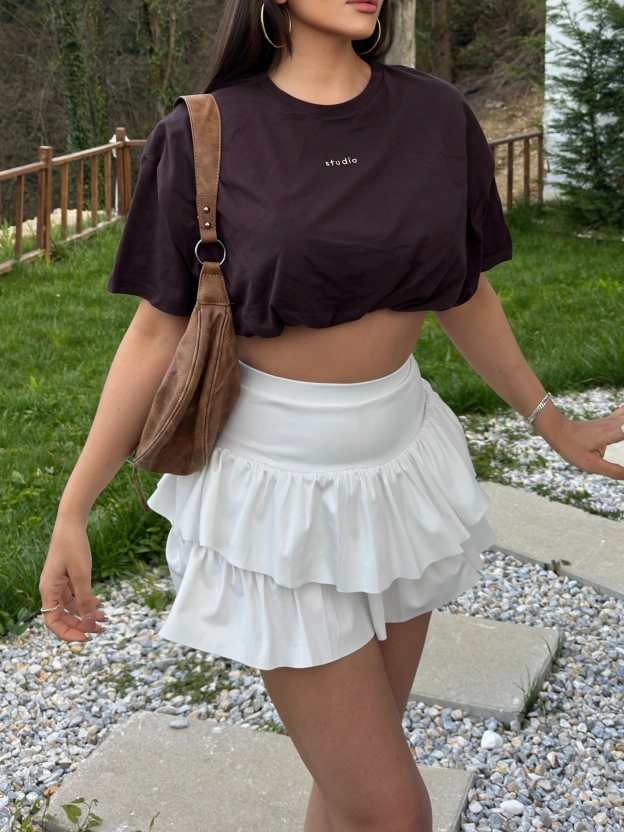 Kahverengi Nakışlı Balon Crop