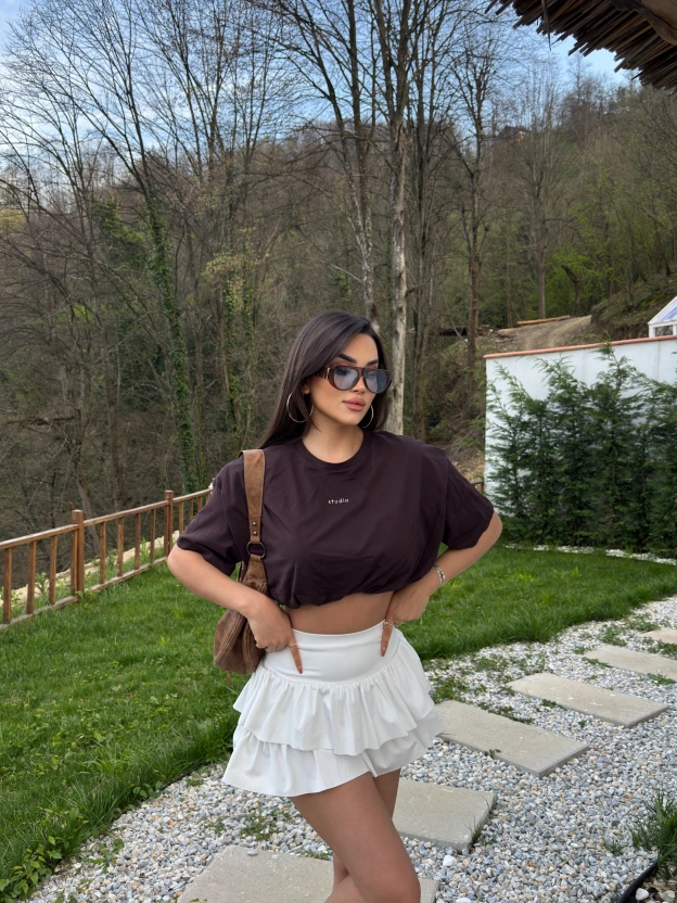 Kahverengi Nakışlı Balon Crop