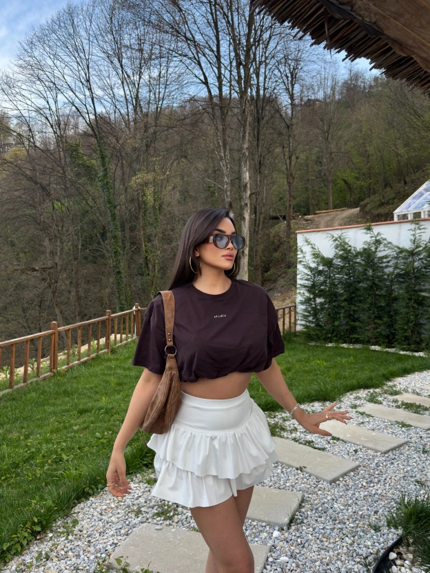 Kahverengi Nakışlı Balon Crop