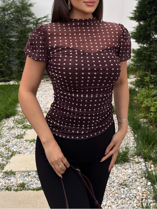 Kahverengi Puantiyeli Astarlı Bluz