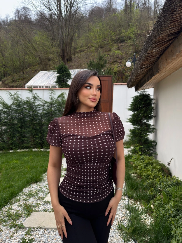 Kahverengi Puantiyeli Astarlı Bluz