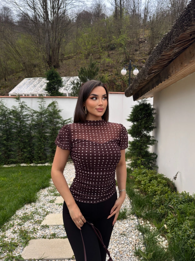 Kahverengi Puantiyeli Astarlı Bluz