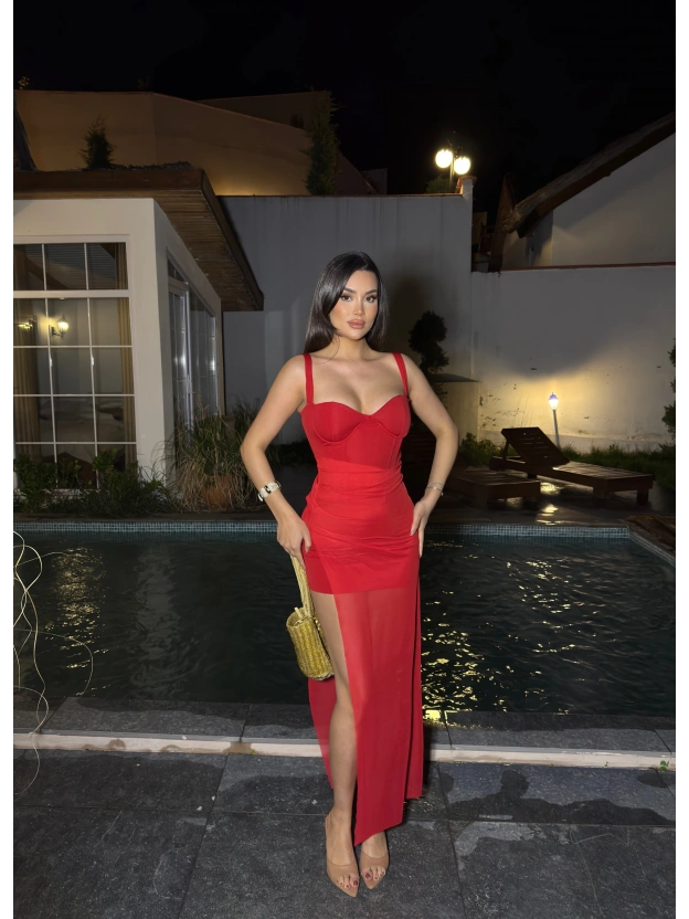 Kırmızı Şal Detay Askılı Gloplu Premium Elbise