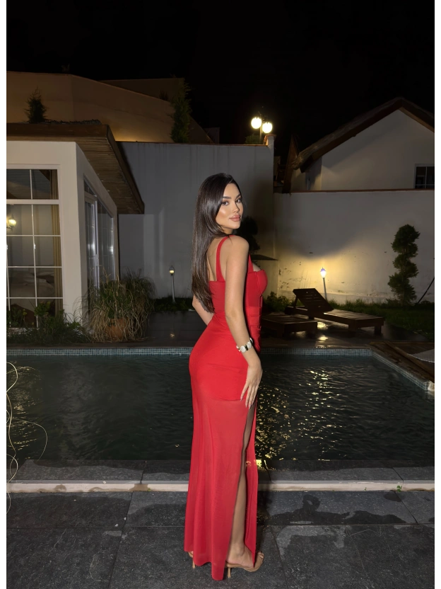 Kırmızı Şal Detay Askılı Gloplu Premium Elbise