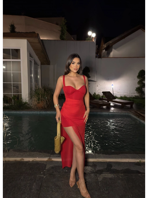 Kırmızı Şal Detay Askılı Gloplu Premium Elbise