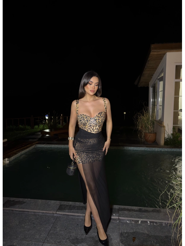 Leopar Şal Detay Askılı Gloplu Premium Elbise