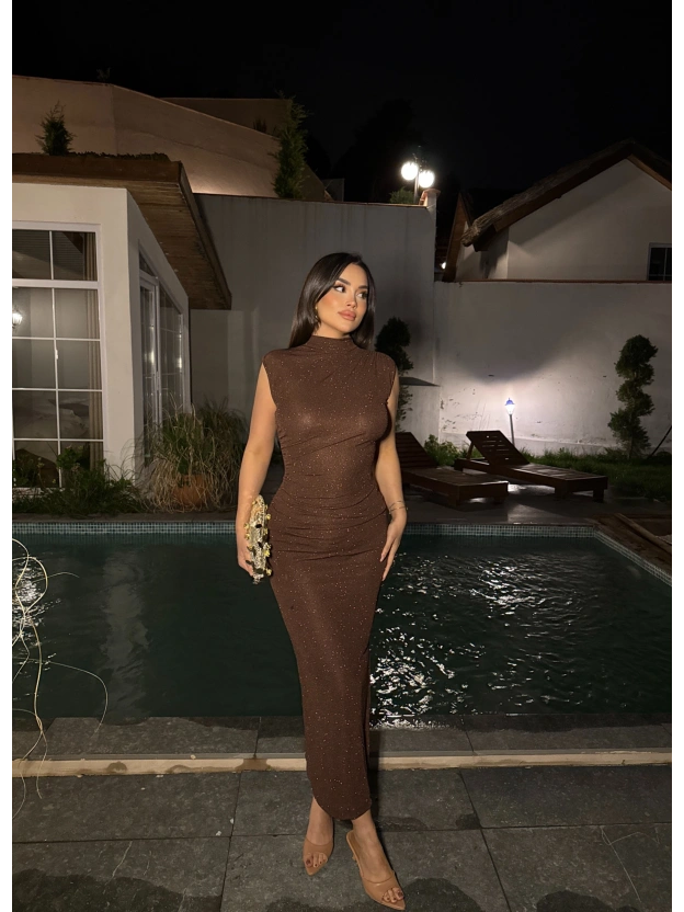 Kahverengi Simli Yırtmaç Detay Uzun Elbise