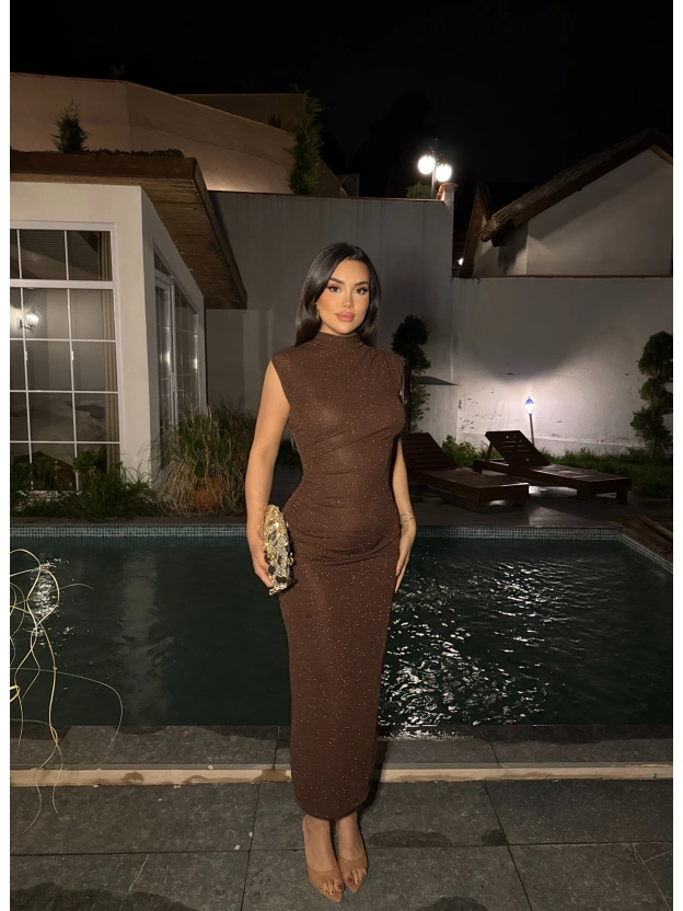 Kahverengi Simli Yırtmaç Detay Uzun Elbise