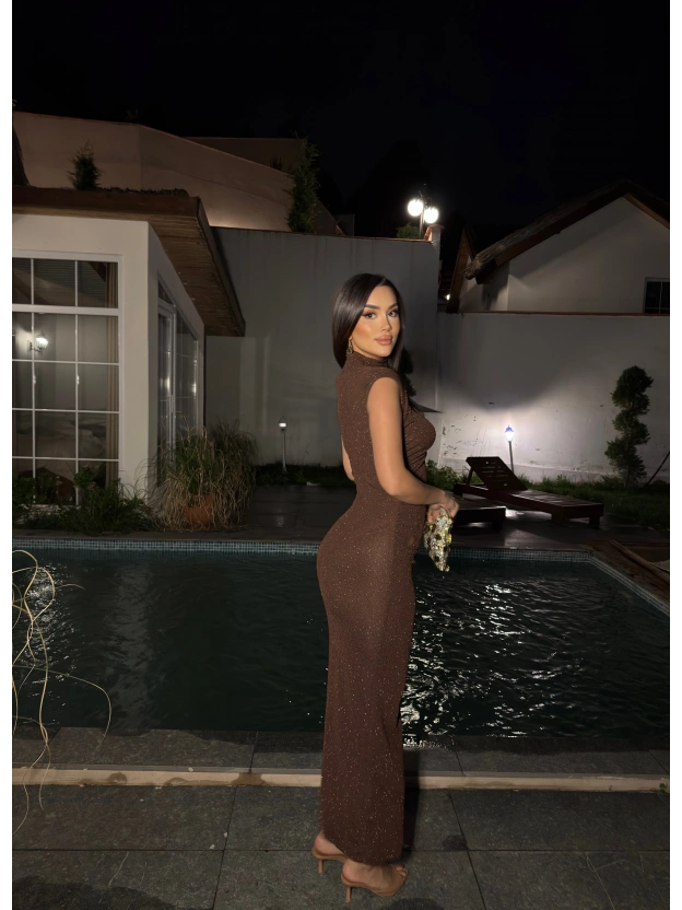 Kahverengi Simli Yırtmaç Detay Uzun Elbise