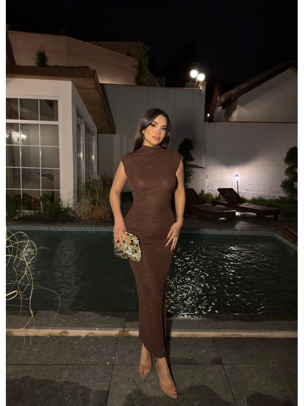 Kahverengi Simli Yırtmaç Detay Uzun Elbise