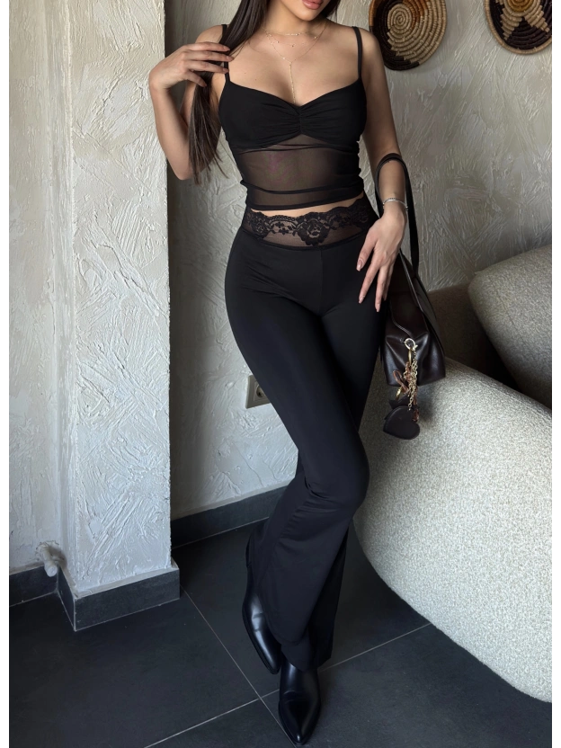 Siyah Tül Büstiyer Dantel Detay Tayt Takım