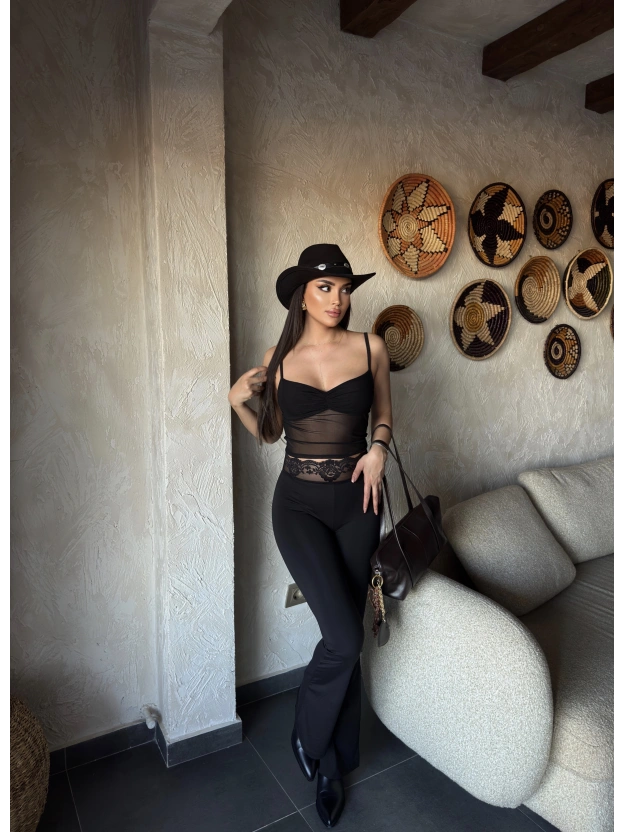 Siyah Tül Büstiyer Dantel Detay Tayt Takım