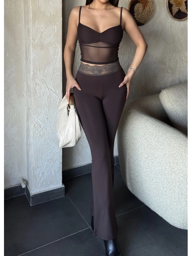 Kahverengi Tül Büstiyer Dantel Detay Tayt Takım