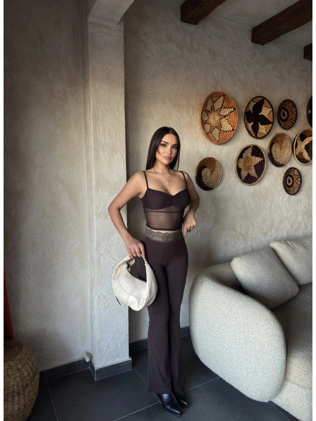 Kahverengi Tül Büstiyer Dantel Detay Tayt Takım