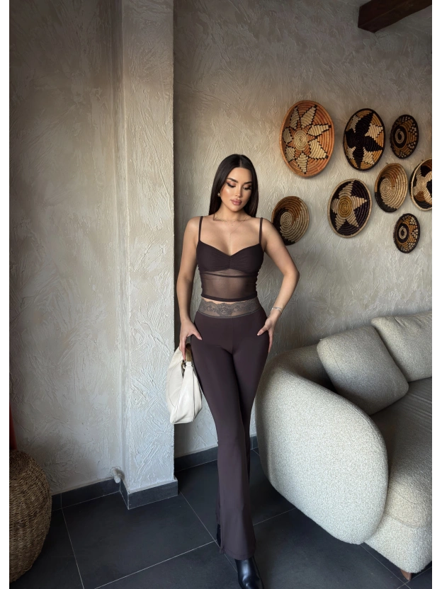 Kahverengi Tül Büstiyer Dantel Detay Tayt Takım