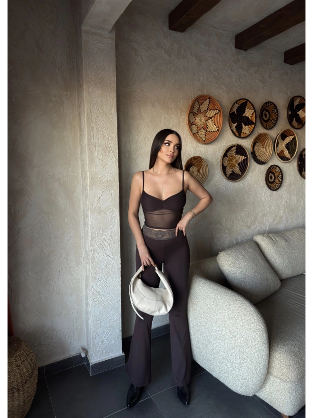 Kahverengi Tül Büstiyer Dantel Detay Tayt Takım