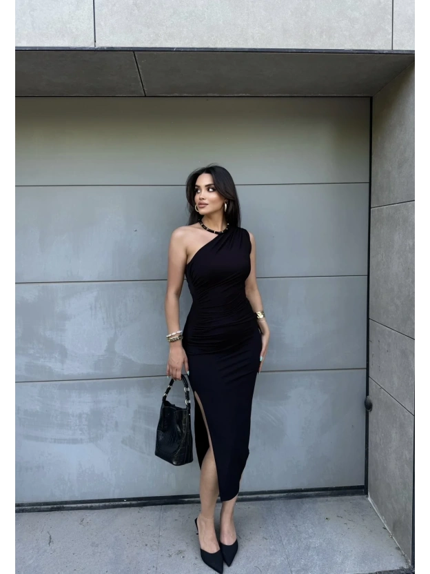 Siyah Tek Omuz Uzun Elbise