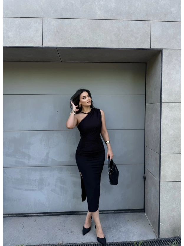 Siyah Tek Omuz Uzun Elbise